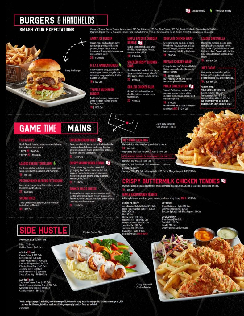 Shoeless Joe’s Menu Canada