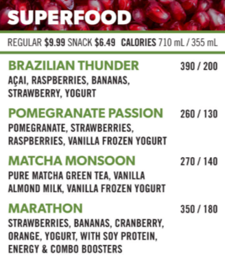Booster Juice Superfood Smoothies Menu Canada