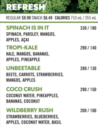 Booster Juice Refresh Smoothies Menu Canada