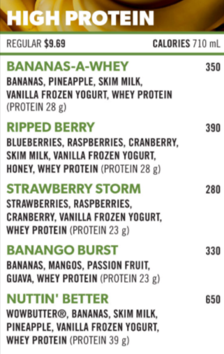 Booster Juice High Protein Smoothies Menu canada